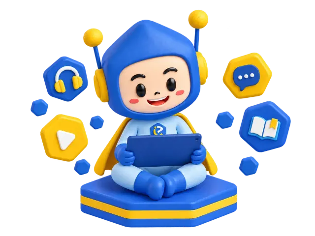 Maskot Iniedu belajar menggunakan tablet